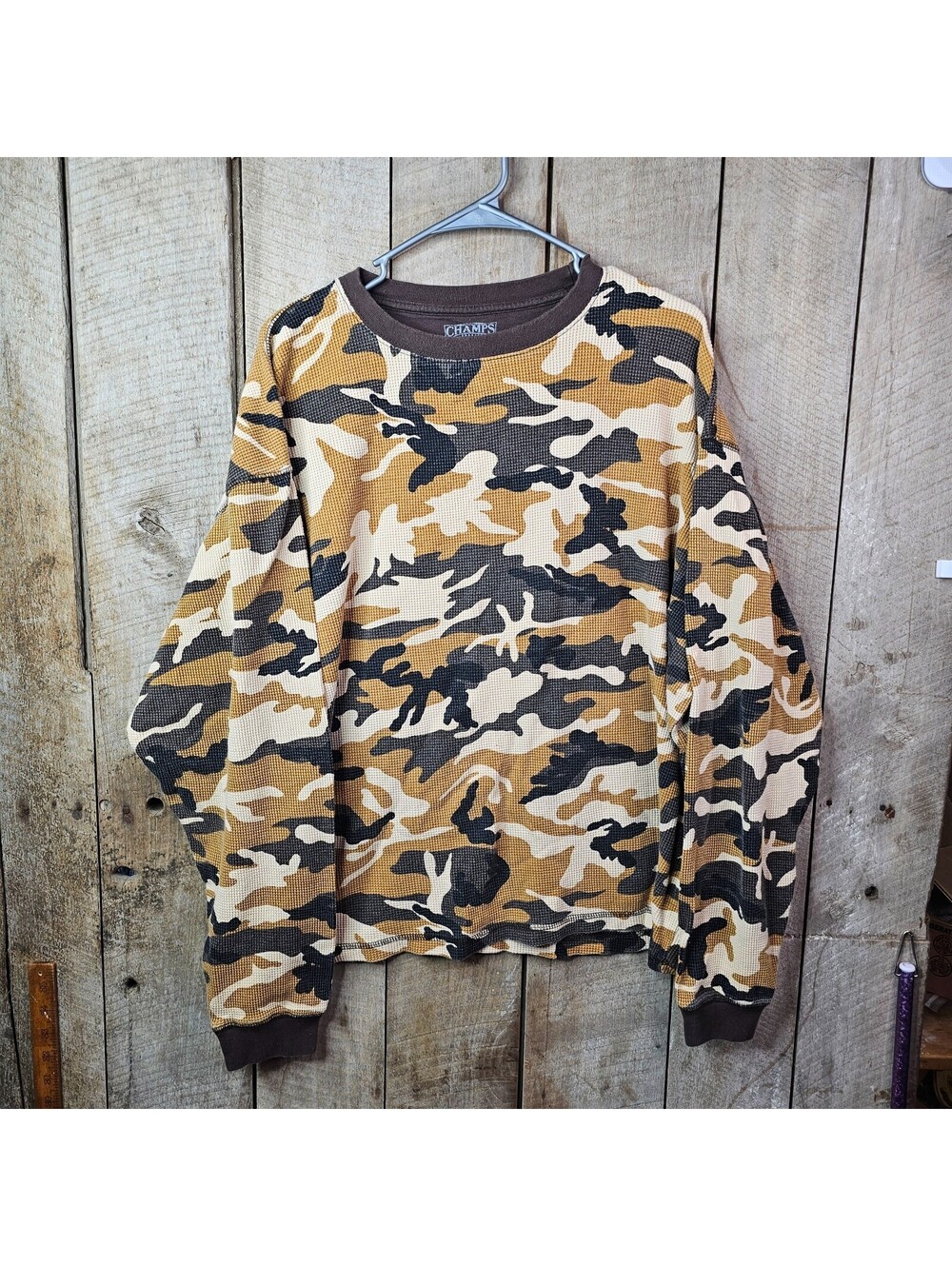 Champs Sports Camo Waffle Knit Thermal Shirt Mens Large Brown Long Sleeve